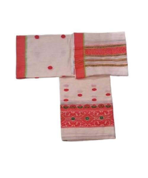 Staple Cotton Mekhela Chador – HandwovenTraditional by Deori in Assam