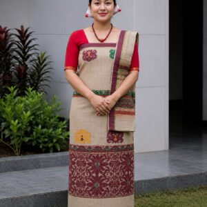 Toss Silk Mekhela With Blouse and  Single Centre Border Gamusa.( Joka Chiba)