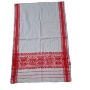 A traditional White and Red Assamese Gamusa handwoven by Deori artisans, featuring a white base with classic red woven borders and traditional motifs. The lightweight fabric is neatly displayed, highlighting its fine craftsmanship and cultural heritage.