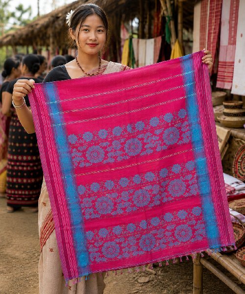 Handwoven Padmini Silk Gamusa with Floral Designs on Both Sides